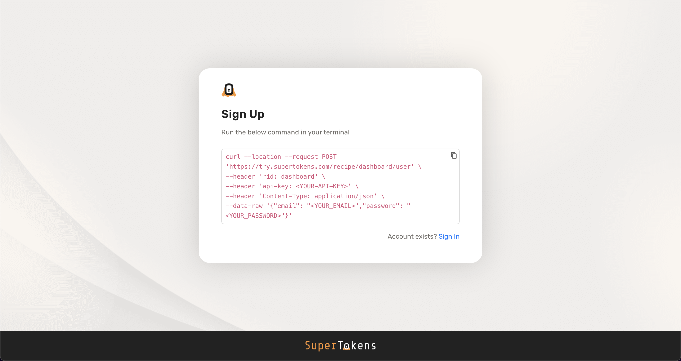 Dashboard signup screen UI